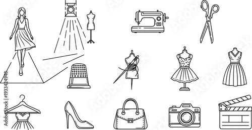 A collection of fashion design items and tools on transparent background