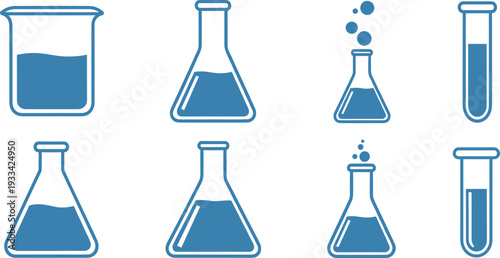 A set of blue laboratory test tubes and flasks on transparent background