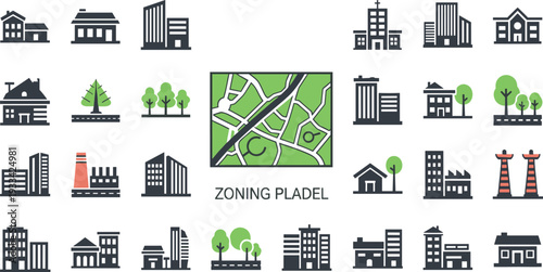 A detailed map of an urban area with surrounding green spaces on transparent background