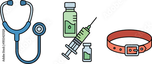 A collection of veterinary medical tools including a stethoscope and syringes on transparent background