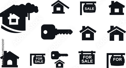 Collection of black silhouettes depicting various house and real estate icons on transparent background
