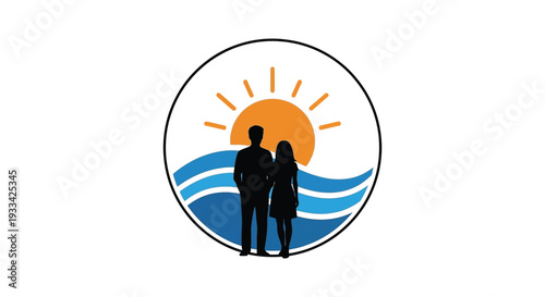 Couple silhouette logo in circular frame with orange sunset over ocean waves for travel branding