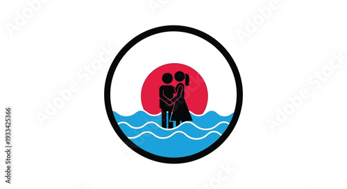 LGBTQ couple standing in ocean waves at sunset in circular logo for branding and diversity and inclusion