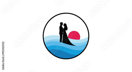 Silhouette of romantic couple kissing at sunset on ocean waves in circular frame for wedding invitation