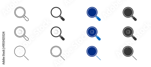 Search Icon Set containing magnifying glass and search progress vector icons. Line, glyph and blue style
