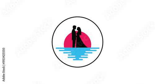 Silhouette of romantic couple in sunset over water in minimalist circular logo for wedding or love themed branding