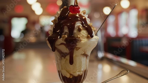 Ice cream sundae with whipped cream cherries and nuts restaurant dessert