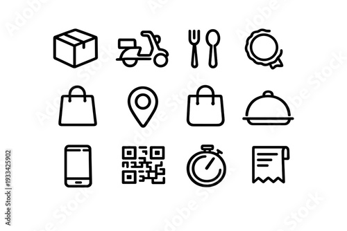 Food delivery and e-commerce line icons for mobile app interface design