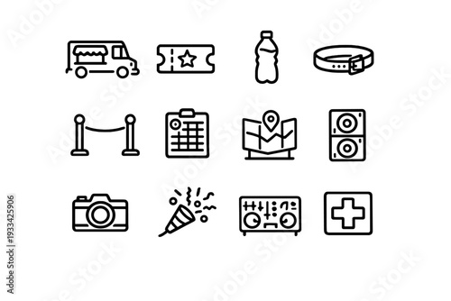 Music festival and outdoor event line icon set featuring food truck ticket camera speakers map and first aid kit
