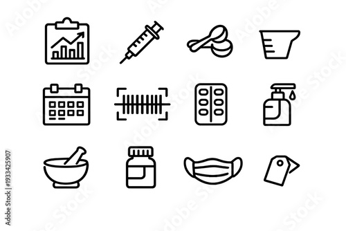 Medical and pharmacy line icons set including syringe medicine bottle face mask and mortar and pestle for healthcare industry