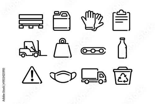 Logistics and warehouse management line icons featuring forklift delivery truck pallet and safety equipment for industrial storage