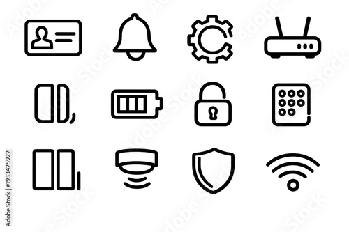 Smart home security system icons including lock shield battery wifi router and motion sensor for mobile app interface design