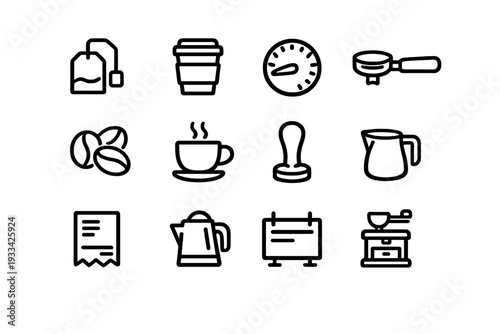 Set of coffee and tea icons including beans cup kettle grinder and barista tools for cafe menu design