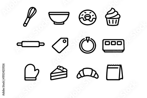 Collection of black and white bakery icons featuring kitchen tools and sweet pastries like donuts cupcakes and croissants on white