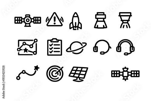 Set of space exploration and satellite communication technology icons including rocket planet and radar symbols on white background