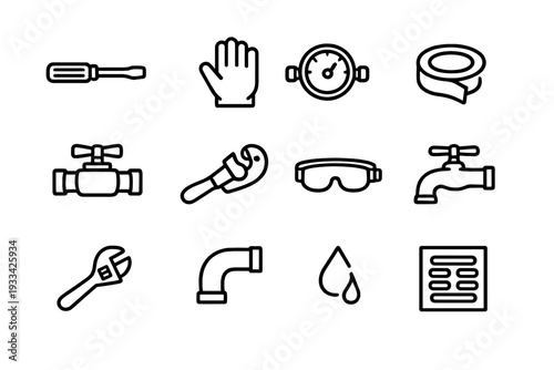 Plumbing and home repair tool icons including wrench faucet pipe and safety equipment for maintenance services