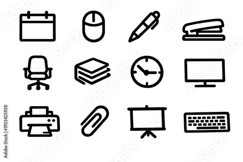Collection of hand drawn equipment icons featuring calendar mouse pen stapler chair books clock monitor printer paperclip and keyboard