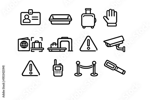 Airport security and travel safety line icon set featuring passport scanner metal detector surveillance camera and luggage inspection