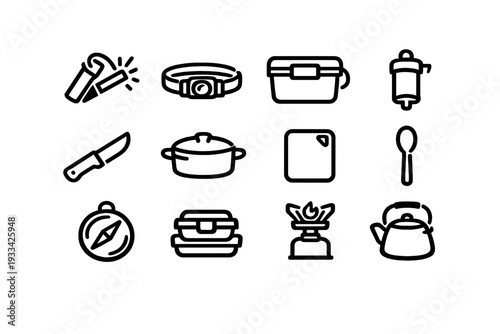 Set of camping and outdoor survival equipment icons including compass knife stove and cooking gear on white background