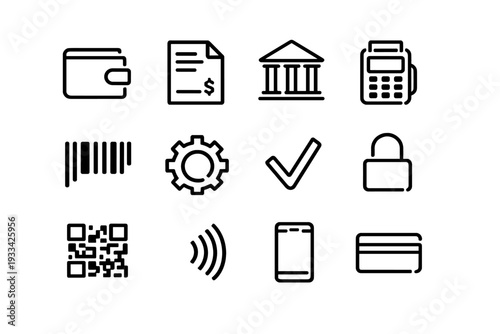 Set of minimalist financial and payment line icons including wallet bank building credit card and qr code for digital banking services