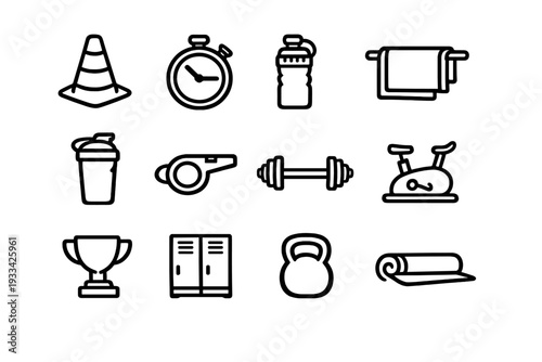Set of fitness and gym equipment icons including barbell kettlebell stopwatch water bottle trophy and stationary bike for sports training