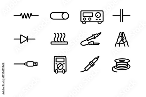 Electronic engineering and soldering equipment icons including multimeter soldering iron resistor diode and circuit components on white