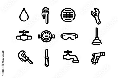 Plumbing and sanitary service icons set featuring tools like wrench plunger faucet water meter and safety goggles on white background