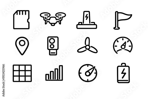 Modern technology and drone control icons featuring battery status signal strength and location symbols