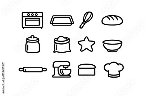 Collection of baking and cooking line icons including oven whisk rolling pin bread bowl and chef hat on white background