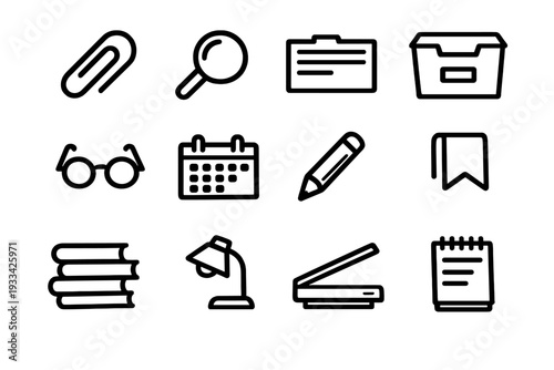 Set of and education line icons including calendar pencil books lamp and magnifying glass on white background