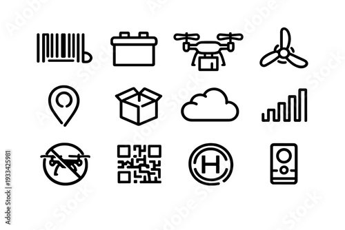 Drone delivery and logistics icons set featuring barcode battery propeller location pin box cloud signal qr code and landing pad
