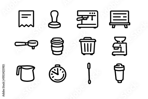 Set of coffee shop and barista equipment line icons including espresso machine grinder tamper and portafilter on white background
