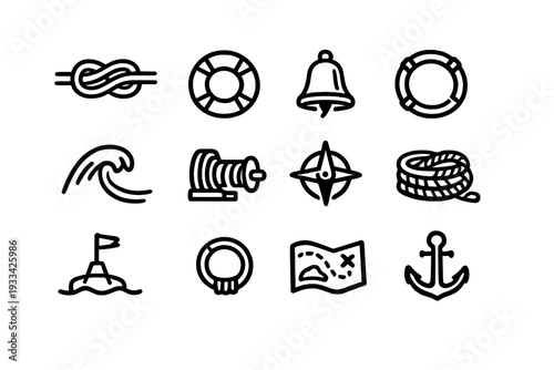 Nautical and maritime line icon set featuring anchor compass rope wave lifebuoy and treasure map on white background