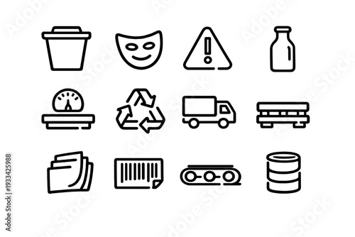 Minimalist line icons set featuring recycling symbol delivery truck barcode warning sign and industrial equipment on white background