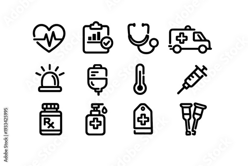 Medical and healthcare line icon set featuring ambulance stethoscope syringe and heartbeat symbols for hospital and clinic services