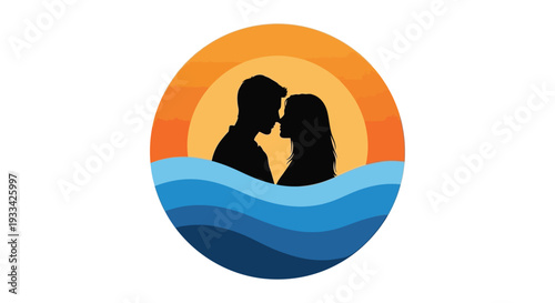Silhouette of couple kissing at sunset over ocean waves in colorful illustration for romantic greeting