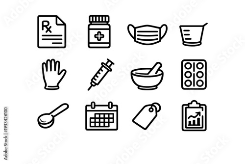 Medical and pharmacy line icons set featuring prescription bottle face mask syringe pills and mortar pestle on white background