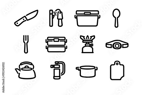 Camping and outdoor cooking equipment icons set including knife kettle stove and utensils on white background