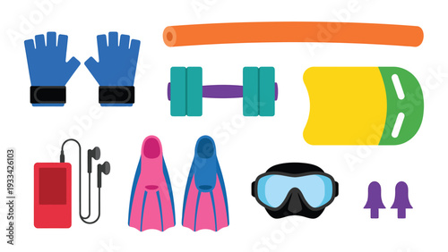 Swimming and Aquatic Fitness Equipment Set. Pool gear, swim accessories, water exercise tools, and training items. Flat vector illustration.