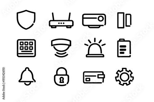 Set of security and technology icons including shield router projector keypad siren bell padlock and gear for interface design