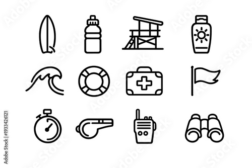 Lifeguard and beach safety line icons featuring surfboard water bottle lifeguard tower sunscreen wave lifebuoy first aid kit and flag