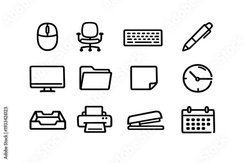 Supply and business equipment line icons including computer mouse chair keyboard pen monitor folder clock printer stapler and calendar