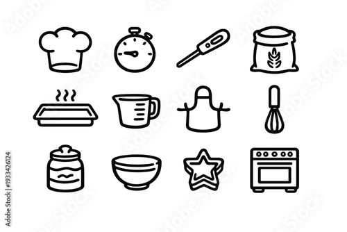 Set of kitchen and bakery equipment icons featuring chef hat timer thermometer flour bag baking tray apron whisk and oven