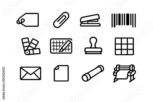 Set of minimalist stationery and printing equipment icons featuring paperclip stapler barcode and color swatches