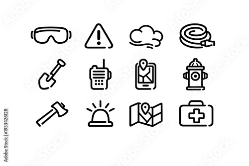 Emergency rescue and firefighting equipment icons featuring fire hydrant axe first aid kit and safety goggles