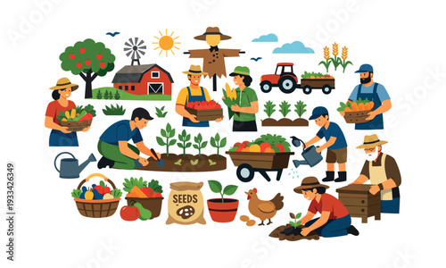 Farm community harvesting fruits and vegetables, planting seeds, watering plants, and caring for farm animals, promoting sustainable agriculture