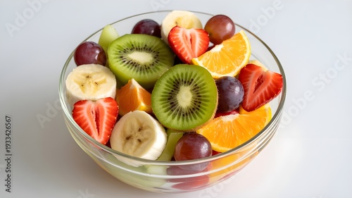 A vibrant and fresh fruit salad in a clear glass bowl, featuring a colorful mix of kiwi, strawberries, bananas, oranges, and grapes on a white background.