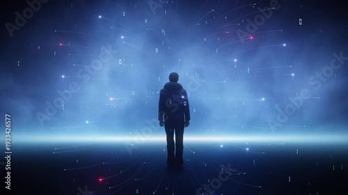 Silhouette of a man standing in smoky blue space with rotating curved lines and binary numbers, futuristic digital technology concept. Seamless looping.