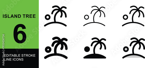Island Tree Editable Stroke Icons, Silhouette of a Palm Tree with Sun and Land, Minimalist Graphic Design Elements for Tropical Themes
