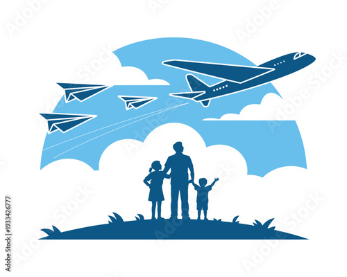 A family of three stands together on a hill, looking up at a plane and paper airplanes flying in the sky.